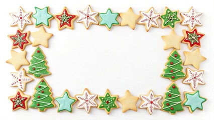christmas cookies frame with decorated star and tree biscuits on white background.
