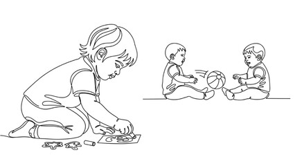 High-Quality Black Continuous Line Art of Toddlers Drawing with Chalk and Rolling Ball, Interactive Play Illustrations