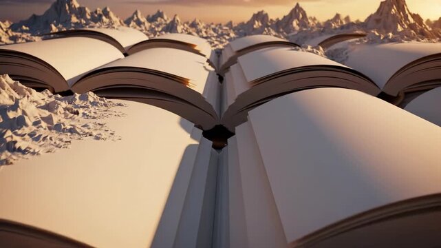 Dramatic high-angle wide shot looking down onto opened hardcover books whose undulating pages metaphorically form a rugged unexplored stylized paper landscape understanding, travel, abstract geometry