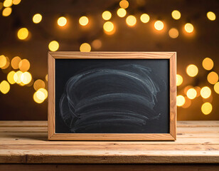 A chalkboard with a black marker on it. The chalkboard is on a wooden table. The table is surrounded by light