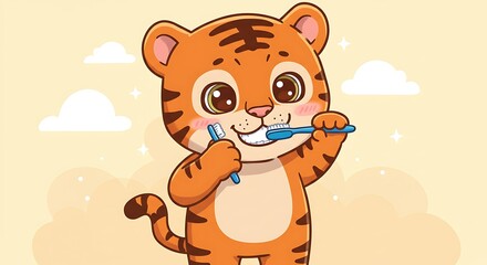 Adorable illustrated tiger brushing its teeth with two toothbrushes, cheerful expression