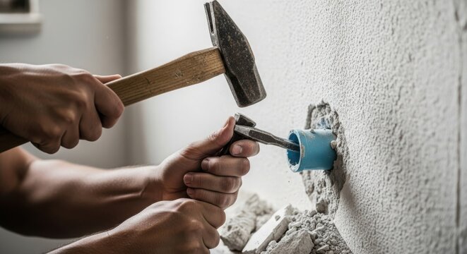 Plumber repairing pipe with hammer and chisel in wall