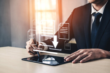 Visual representation of digital document downloading, showing file transfer, data access, and progress status for secure and efficient information retrieval Vouch