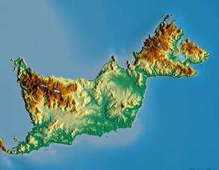 Topographical rendering of landmass, showing varying elevations in shades of brown and green