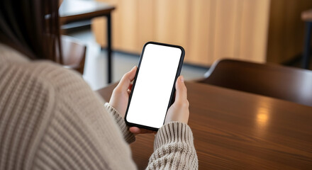 A woman uses a smartphone with a blank white screen to connect with friends, family, and business partners while working remotely in a modern cafe.