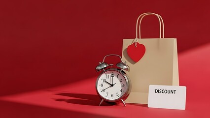 Flash sale deadline discount shopping concept featuring alarm clock and paper bag on red studio background with copy space