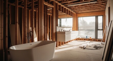 Fototapeta premium Bathroom renovation with bathtub and vanity under construction
