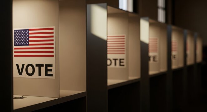 American election voting booths with vote signs and flag