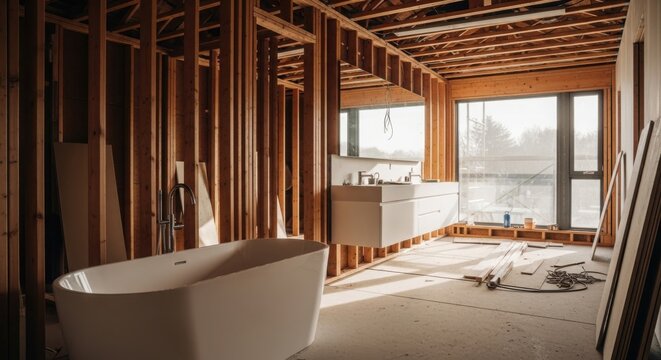 Bathroom renovation with bathtub and vanity under construction