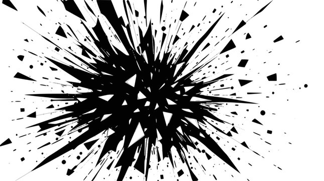 Abstract explosion of black ink splatters and sharp geometric shards against a white background.