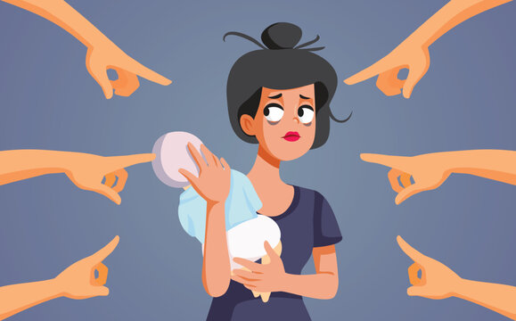 Woman Being Mom Shamed by Critical Crowd Vector Illustration. People criticizing a young exhausted mother struggling 
