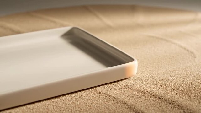 Empty Rectangular Ceramic Tray on Sand with Circular Patterns and Sunlight.