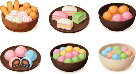 Colorful Asian dessert illustration set featuring mochi, rice cakes, sweet balls, and traditional treats in bowls, perfect for food, culture, and festive vector design projects.