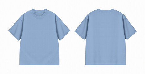 Blank Soft Blue Oversized T-Shirt Front and Back Mockup Isolated on White Background for Apparel