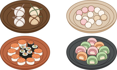 Japanese food illustration set featuring sushi rolls, salmon nigiri, colorful mochi desserts, and rice cake assortments displayed on plates for culinary and cultural vector design projects. © MbBasir