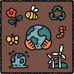 Cute Earth Day Illustration with Earth in Hands, Recycling Symbol, Wind Turbines, Bee, Butterfly and Melting Earth – Eco and Sustainability Theme