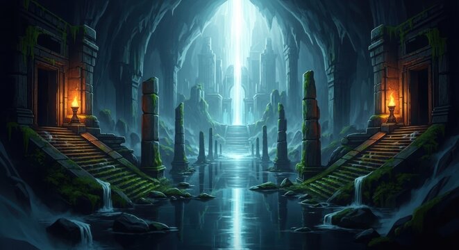 Ancient temple ruins with water and light in a cave landscape