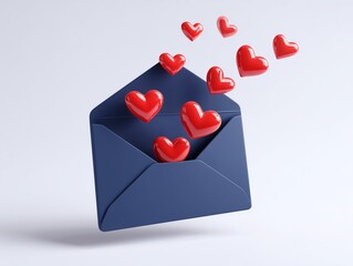 Composition with a navy blue envelope and red hearts flying around it