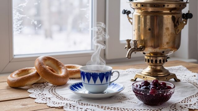 Traditional Russian Tea Ceremony with Samovar and Bagels