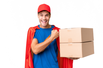 Super Hero delivery man over isolated background celebrating a victory