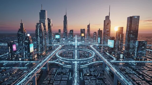 Cinematic time lapse of a sunset over the city skyline where urban traffic lights illuminate the highway and skyscrapers in the downtown business district of London or Dubai
