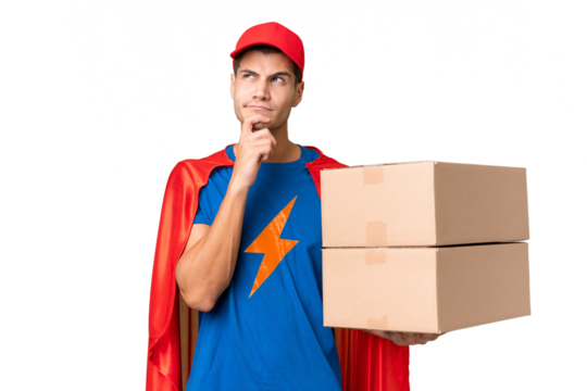 Super Hero delivery man over isolated background having doubts and thinking - Powered by Adobe