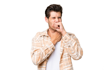 Young handsome caucasian man over isolated background coughing a lot