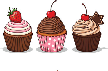 Delicious cupcake illustration set featuring chocolate and strawberry frosting, cherries, decorative toppings, and sweet dessert designs perfect for bakery, celebration, and food vector projects.