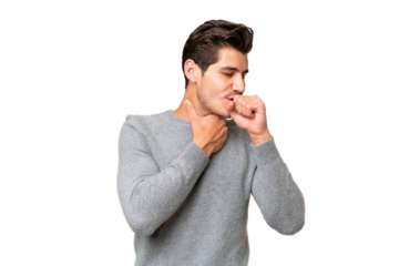 Young handsome caucasian man over isolated background is suffering with cough and feeling bad