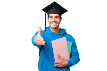 Young university graduate man over isolated background shaking hands for closing a good deal