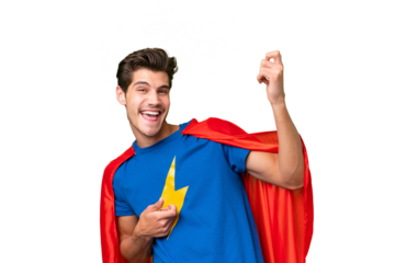 Super Hero caucasian man over isolated background making guitar gesture