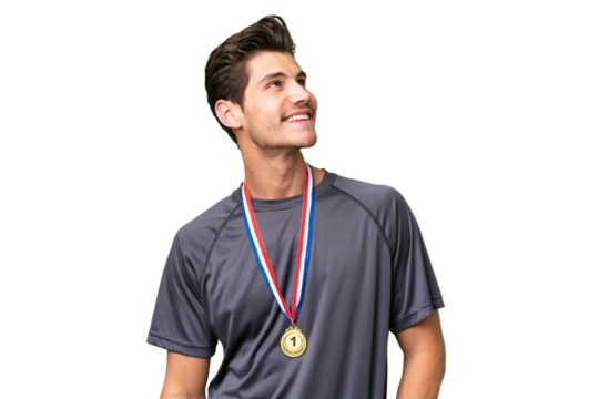 Young caucasian man with medals over isolated background looking up while smiling - Powered by Adobe