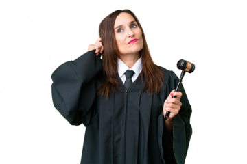 Judge caucasian woman  over isolated background having doubts