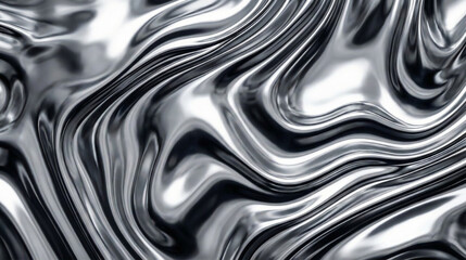 Abstract liquid metal composition featuring smooth, flowing chrome surfaces with high-gloss reflections and organic wave-like forms