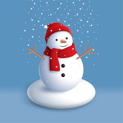 3D snowman wearing a hat and scarf. Smiling snowman character for New Year holiday advertising concept. Vector illustration.