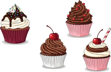Delicious cupcake illustration set featuring chocolate and vanilla frosting, cherries, sprinkles, drizzles, and decorative toppings perfect for bakery,