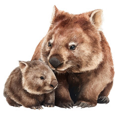 Wombat With Its Baby in watercolor painting style, vector illustration on white background.