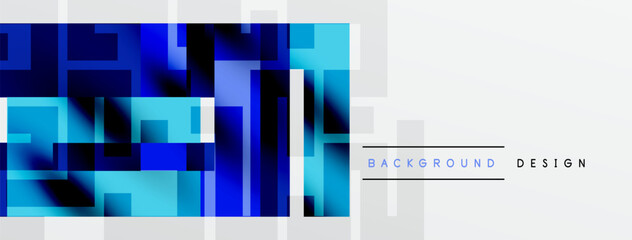 Abstract geometric pattern. Blue shades dominate, creating modern visual effect. White space provides contrast, simple text overlay present.