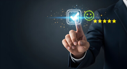 Obraz premium An elegant business professional gives positive feedback on a digital interface, showing success and satisfaction for the company and its product line.