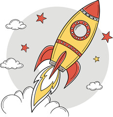 A cartoon illustration of a rocket ship launching against a soft, light-grey circular backdrop. The rocket is primarily yellow with a red fin and nose cone. It features two circular windows and a red 