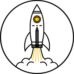 A cartoon illustration of a rocket ship launching against a soft, light-grey circular backdrop. The rocket is primarily yellow with a red fin and nose cone. It features two circular windows and a red 