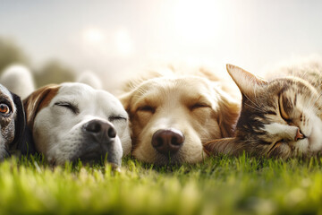 Group Of Dogs And Cat Sleeping Together On Grass