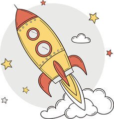 A cartoon illustration of a rocket ship launching against a soft, light-grey circular backdrop. The rocket is primarily yellow with a red fin and nose cone. It features two circular windows and a red 
