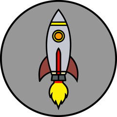 A cartoon illustration of a rocket ship launching against a soft, light-grey circular backdrop. The rocket is primarily yellow with a red fin and nose cone. It features two circular windows and a red 