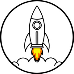 A cartoon illustration of a rocket ship launching against a soft, light-grey circular backdrop. The rocket is primarily yellow with a red fin and nose cone. It features two circular windows and a red 