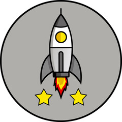 A cartoon illustration of a rocket ship launching against a soft, light-grey circular backdrop. The rocket is primarily yellow with a red fin and nose cone. It features two circular windows and a red 
