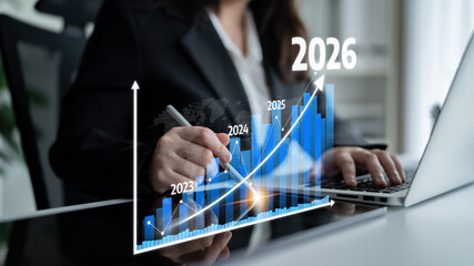 A business professional focuses on a growth graph highlighting years 2023 to 2026. The scene...