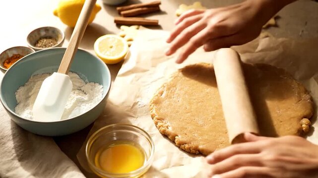 Hands Rolling Out Cookie Dough with Wooden Pin, Baking Ingredients Nearby, Warm Kitchen Lighting, 4K Close-Up for Holiday, Home Cooking & Food Prep