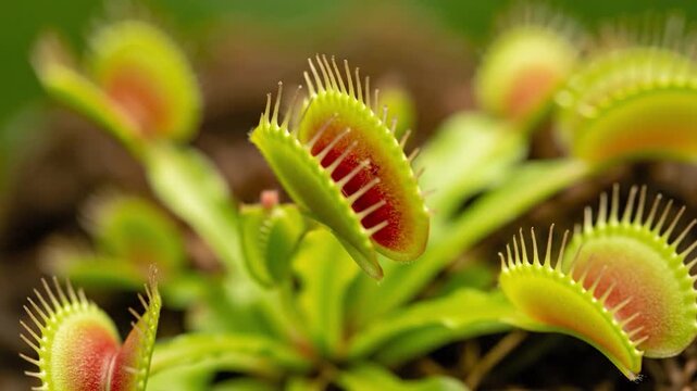 Close-Up of Venus Flytrap Plants with Open Traps, Vibrant Green & Red Details, Natural Garden Setting, 4K Macro Shot for Botany & Nature Content