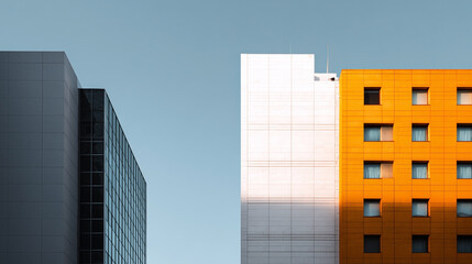 Two buildings with one being orange and the other being white